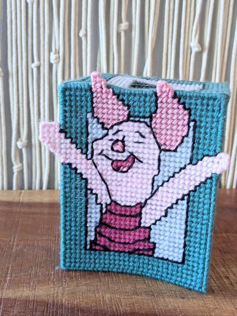 Vintage Handmade Needlepoint Piglet Tissue Box Cover Winnie The Pooh Disney Deco